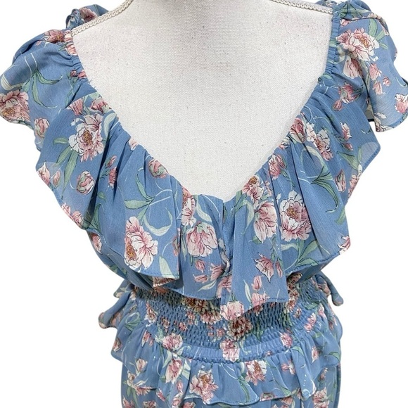 Floret Studios blue floral v neck smocked ruffle midi dress high slit size small - Picture 7 of 14